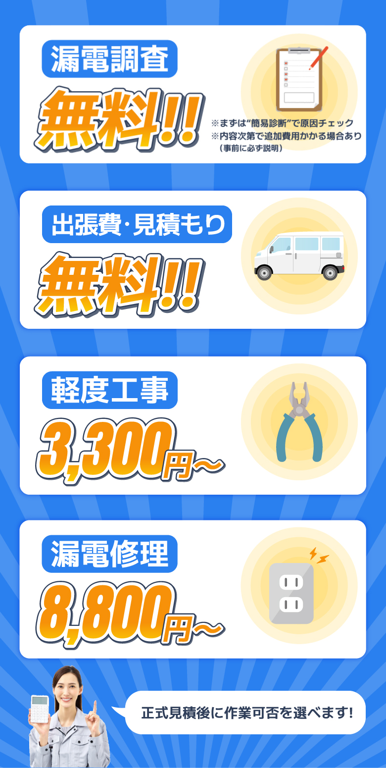 出張・見積もり無料！漏電調査無料！軽度工事3,300円～、漏電修理8,800円～